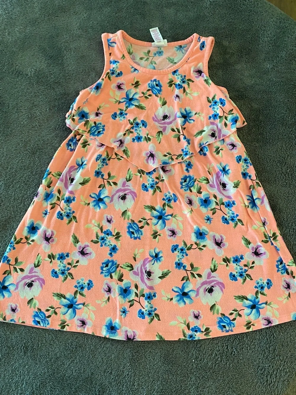 Justice Peach Floral Ruffle Tank Dress with Blue & Purple Blooms